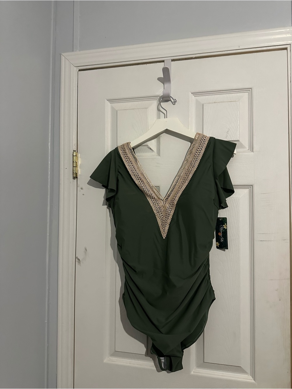 Olive Green V-Neck Ruffle Sleeve Bodysuit‎ with Crochet Trim